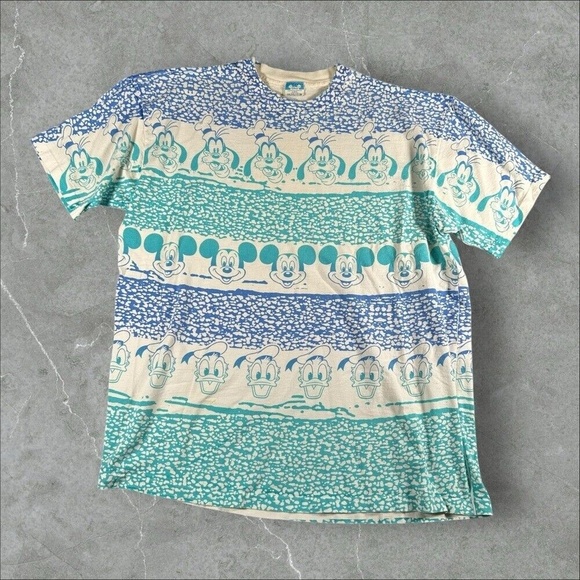 Vintage Disney Shirt Mens XL Blue White 80s Mickey Donald Goofy AOP Striped Rare